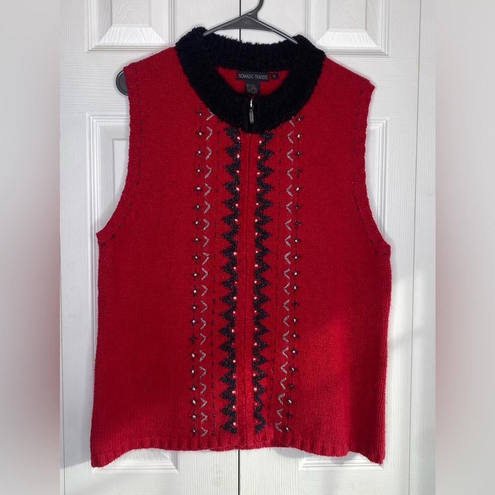 Nomadic Traders Cardigan Sweater Vest Silk Angora Full Zip Red Holiday Granny XL